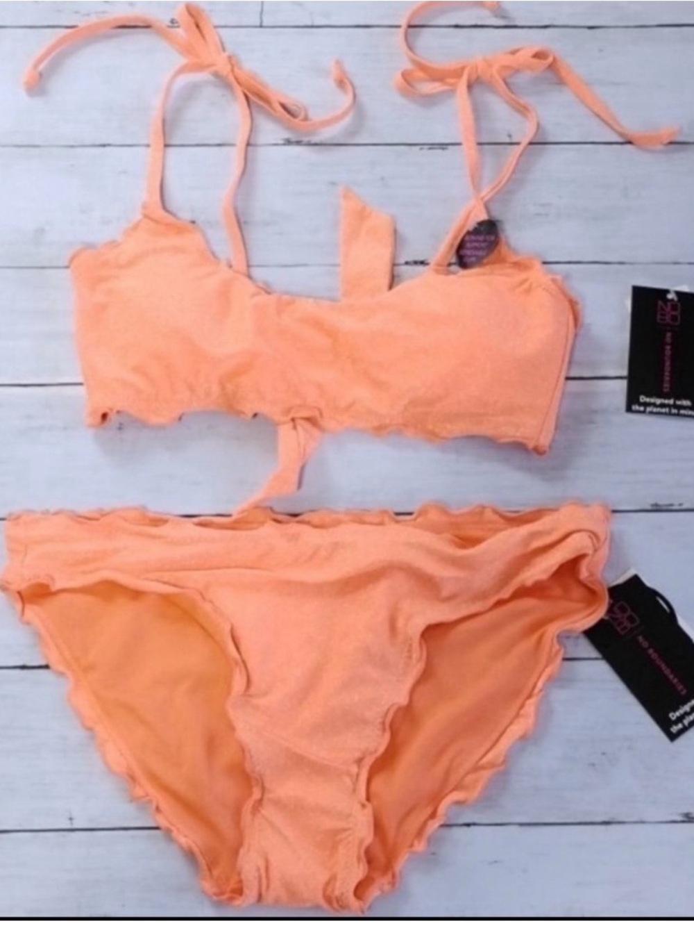 Peach Orange Ruffled Bikini Set w/Gold Sparkles 2 piece bathing suit